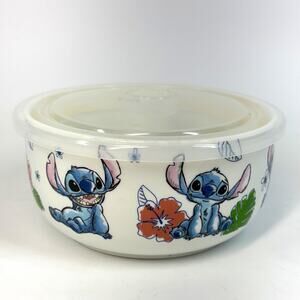Disney Stitch Ceramic Storage Bowl With Vented Lid 5.75 x 3” Hibiscus Flower
